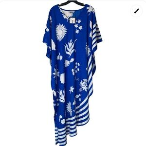 Winlar Leah Long Caftan Blue And White Floral And Striped Pattern Dress